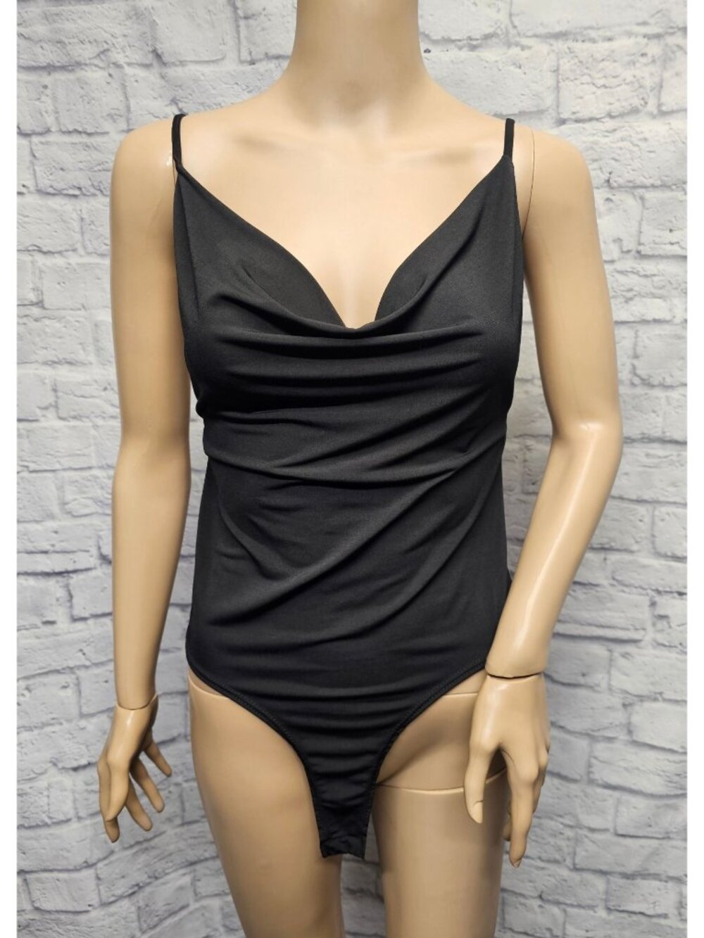 Wearever M Black Open Low Back Silky Stretch Drape Front Fitted Sexy Bodysuit